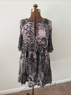 Free People Lavender and Black Printed Tie-Waist Long Sleeve Dress